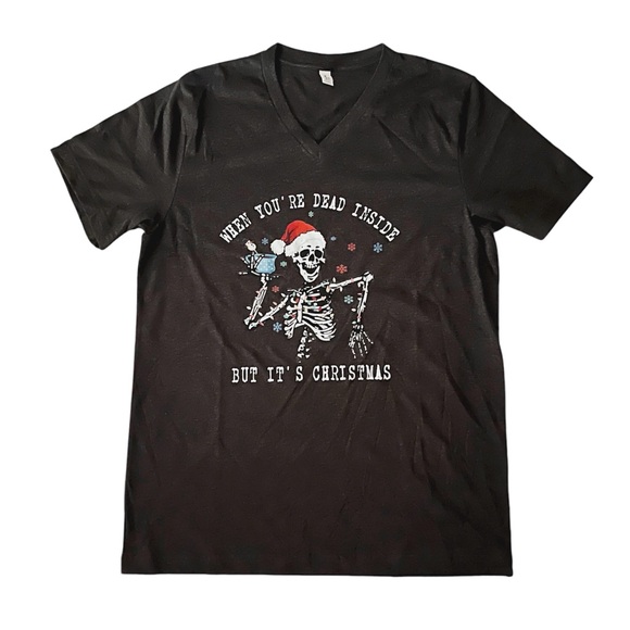 NEW NWOT When You’re Dead Inside But It’s Christmas Skeleton V-neck Tee L Gray - Picture 2 of 9